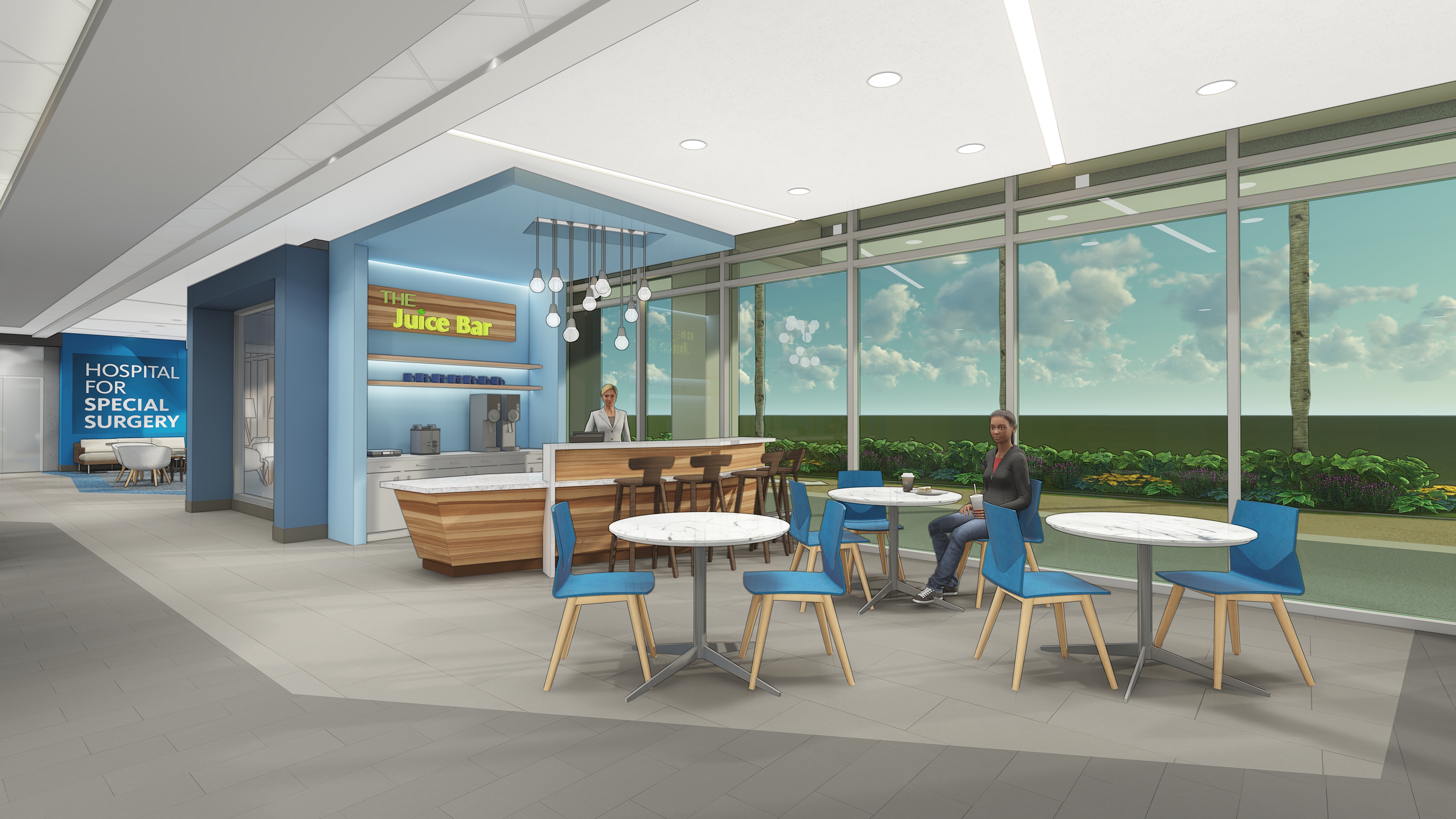 Artist's rendering of juice bar in hospital waiting area with cafe tables and large windows