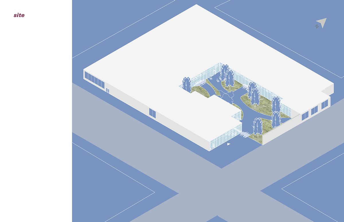 Blue and white design mock up of hospital site plan