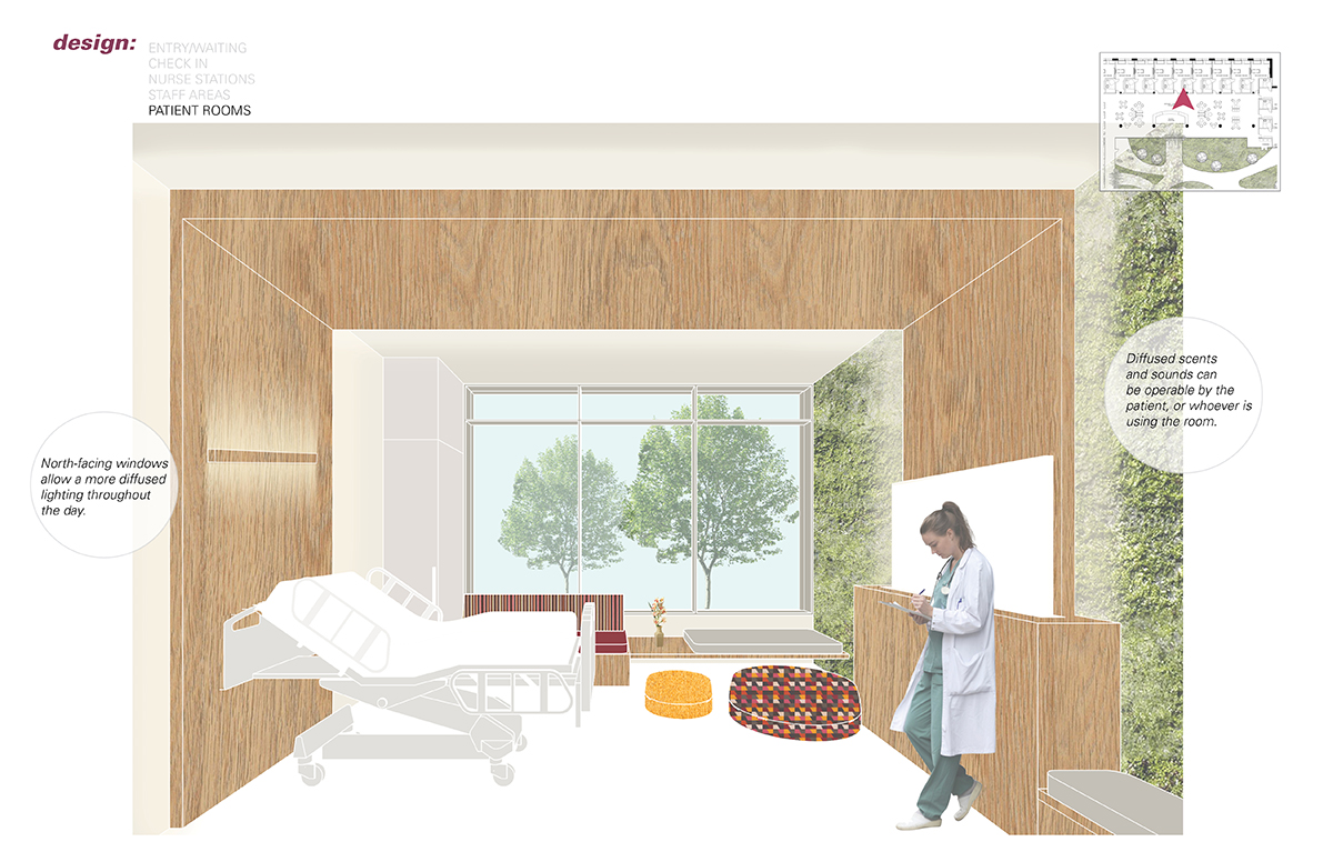 Artist's rendering of hospital patient room with wood panel walls, bed and doctor with clipboard