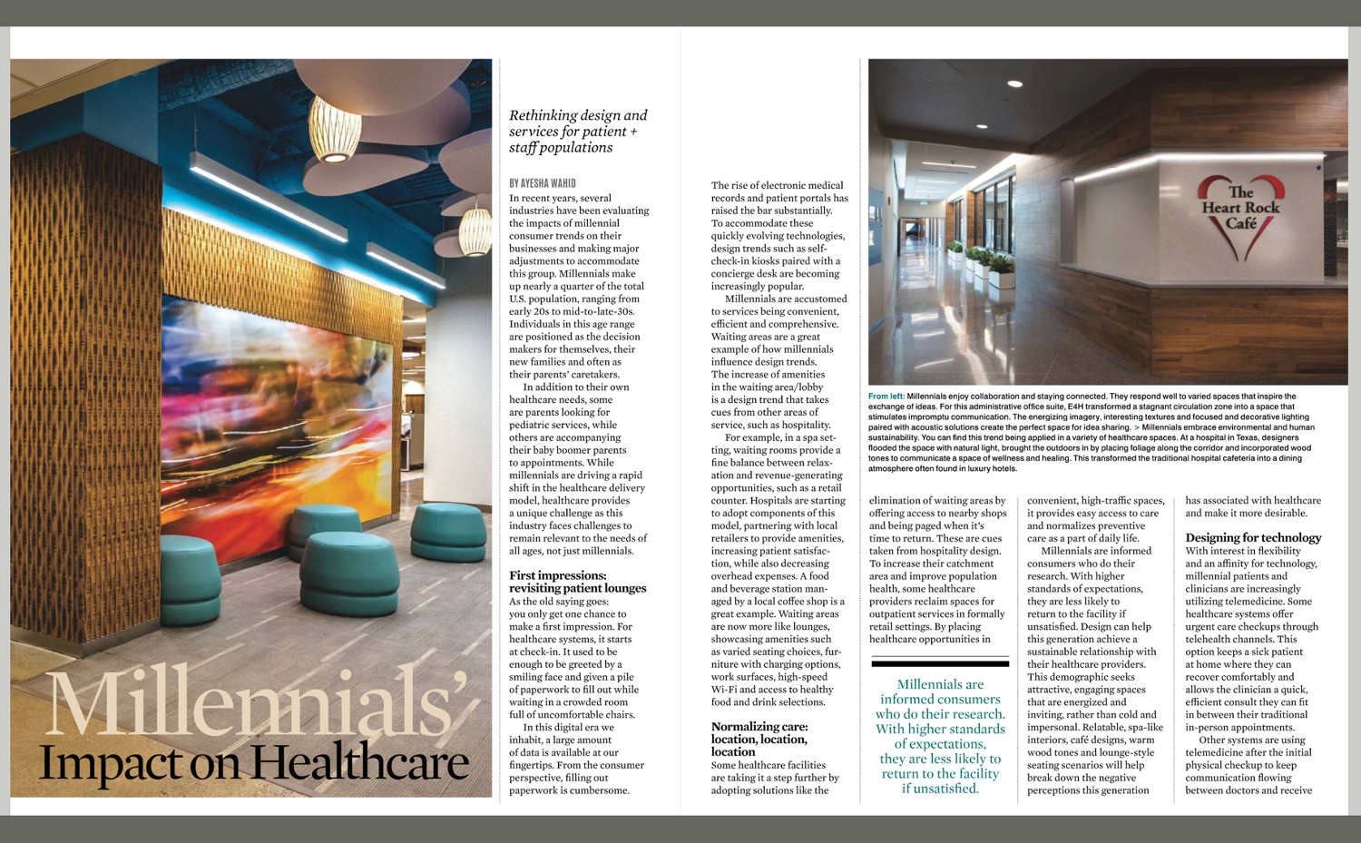 News article with text, a picture of a cafe in a healthcare facility, and a seating area with teal cushions and a multicolored picture